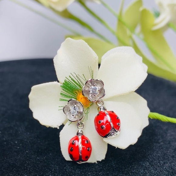 Jewelry - Vintage 925 Silver Ladybug Enamel & Crystals Earrings